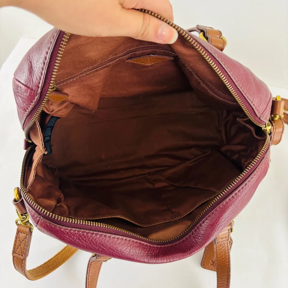 Fossil Burgundy Brown Leather Geometric‎ Patchwork Satchel Crossbody Bag